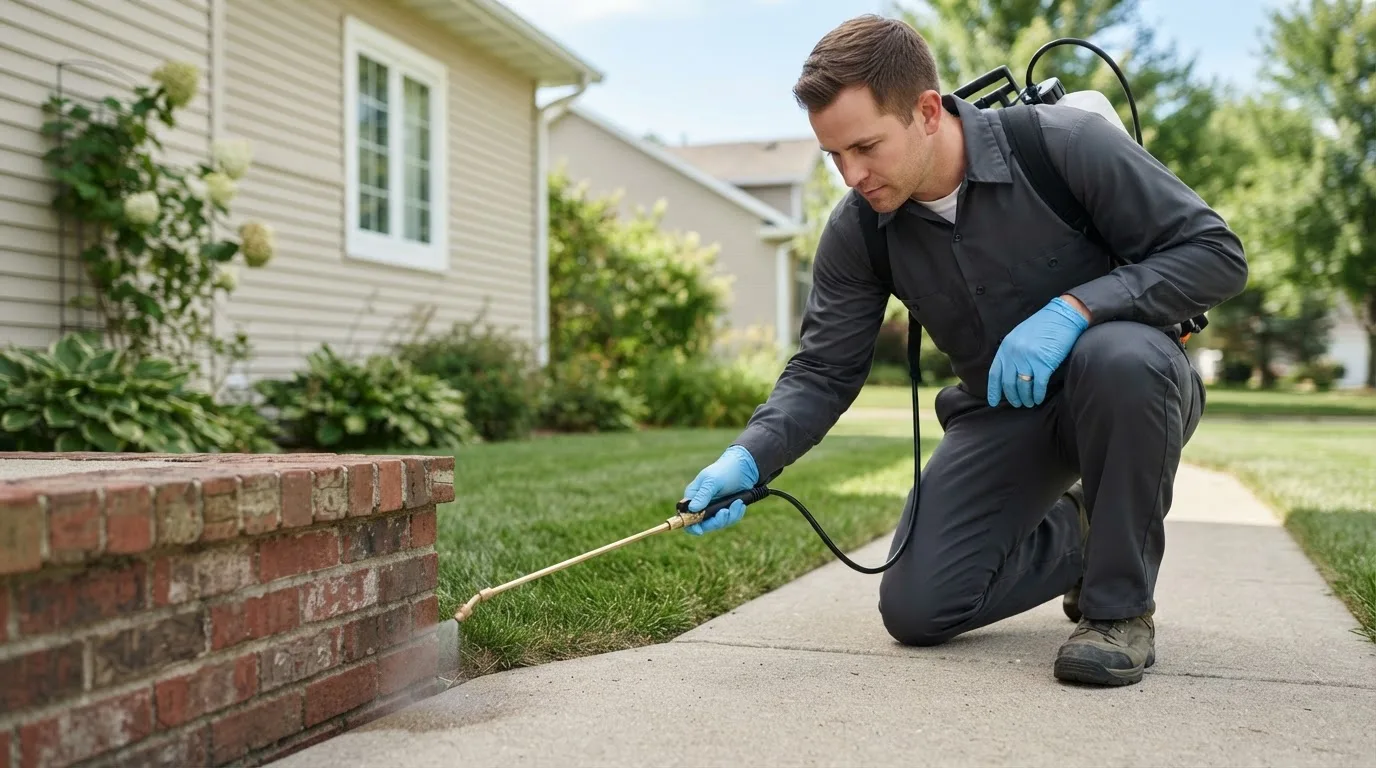 Pest control technician treating a home near Queensbury, NY