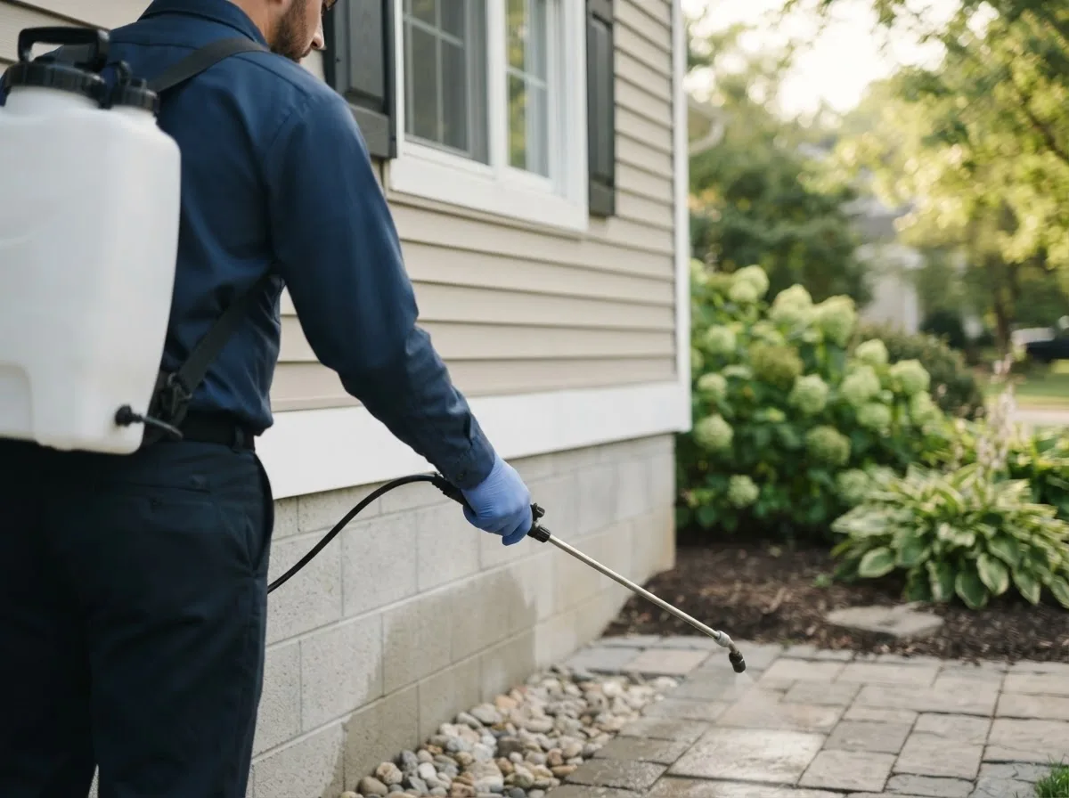 Pest control technician inspecting a home in Queensbury, NY